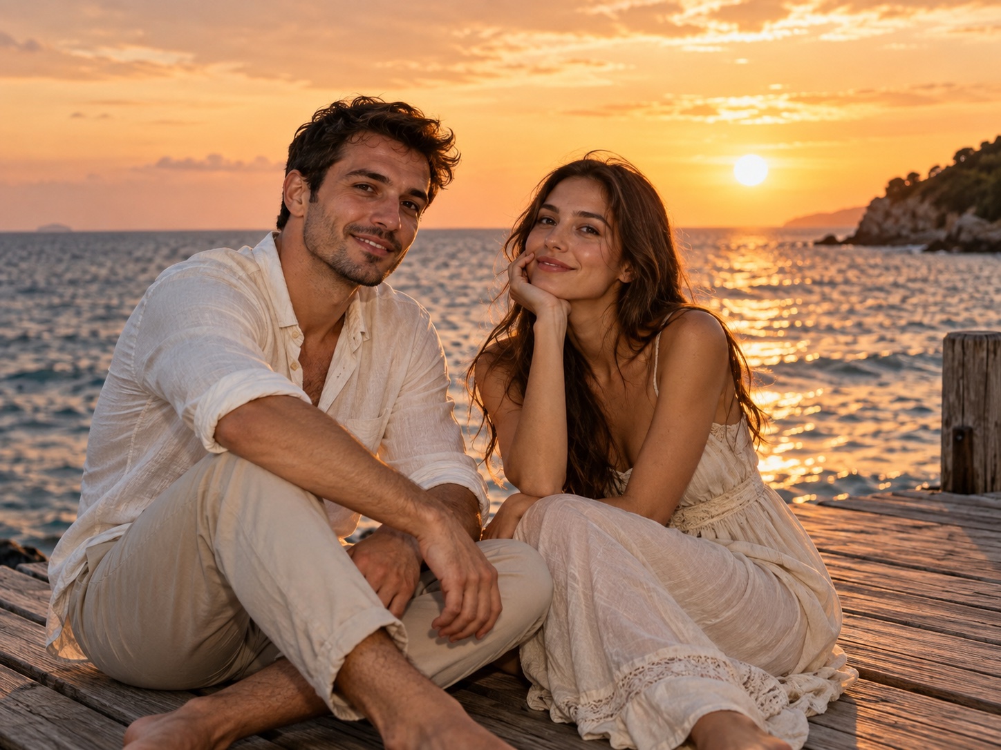 Golden-hour pier style preview with fictional adult characters