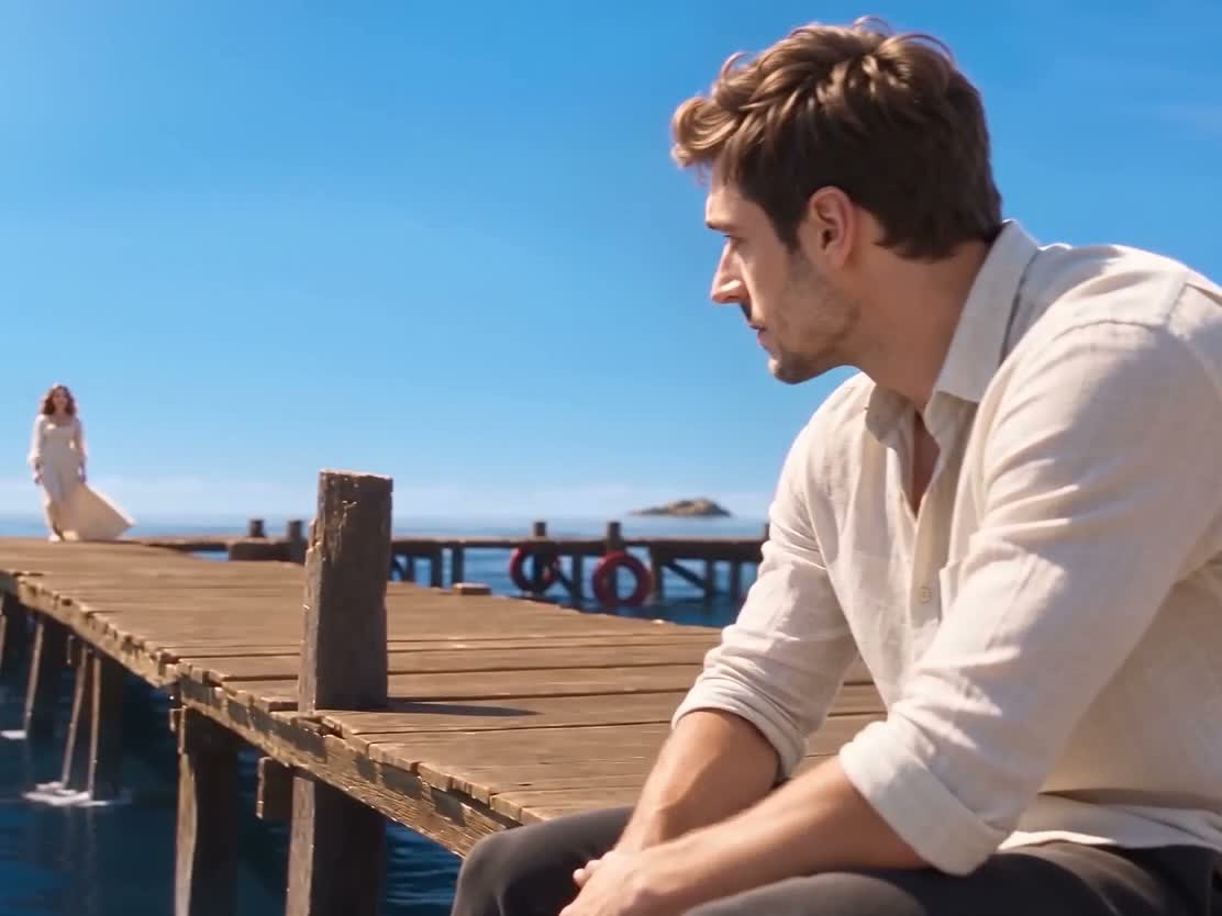 Alternate-source test at 2.5 seconds, with the seated man close to camera and the singer far away on the pier