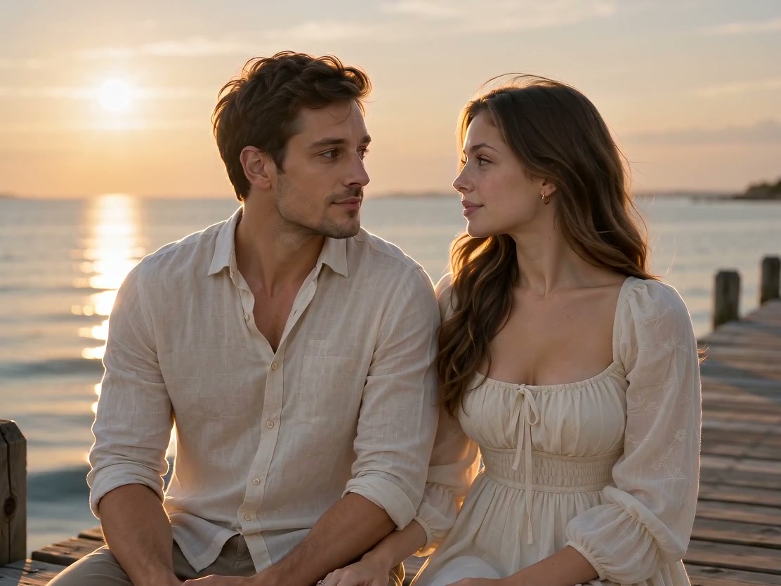 Original fictional AI pier source at two seconds, with a man on the left and a woman on the right
