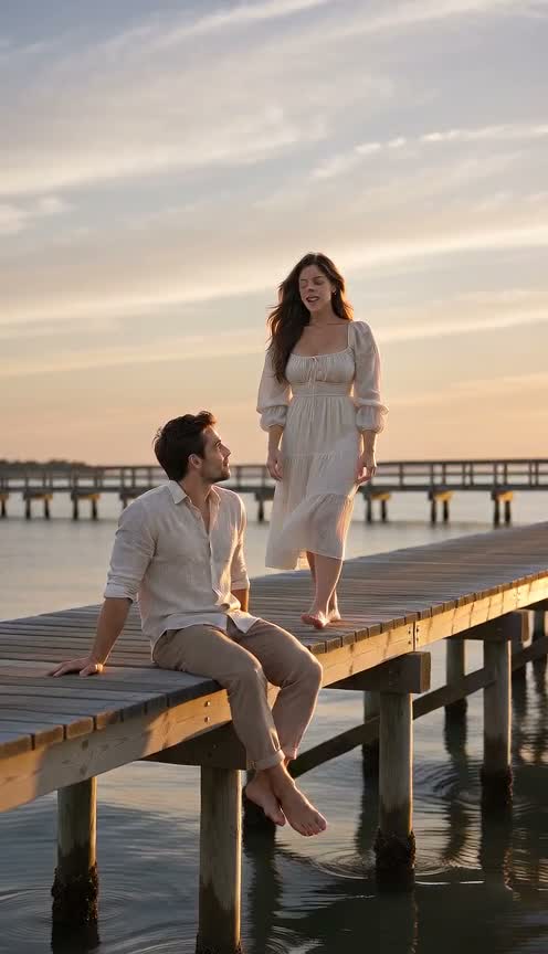 Published new-scene sample at one second: singer’s feet contact the wooden pier, but she is close to its edge