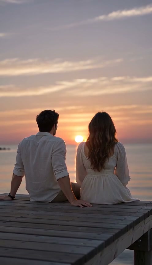 Published sample at eight seconds already showing both characters from behind toward the sunset